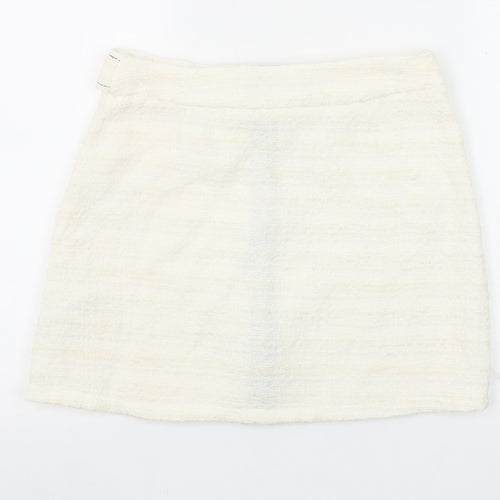 Zara Women Ivory Tweed Zip Mini Skirt Size 12 High Waist