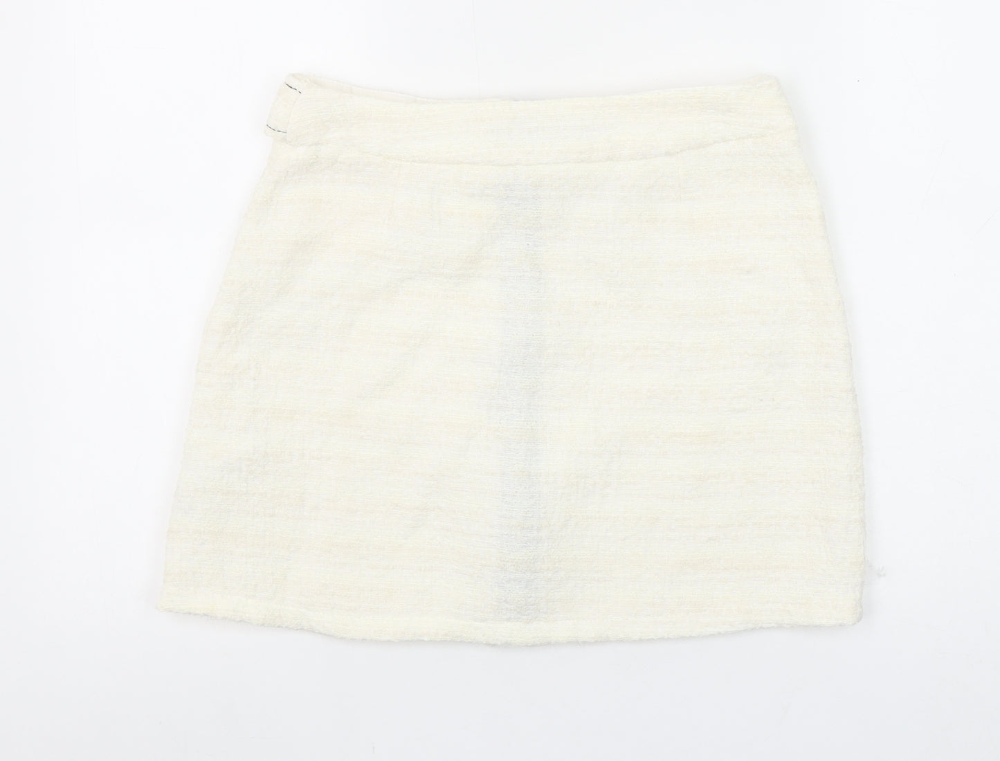 Zara Women Ivory Tweed Zip Mini Skirt Size 12 High Waist