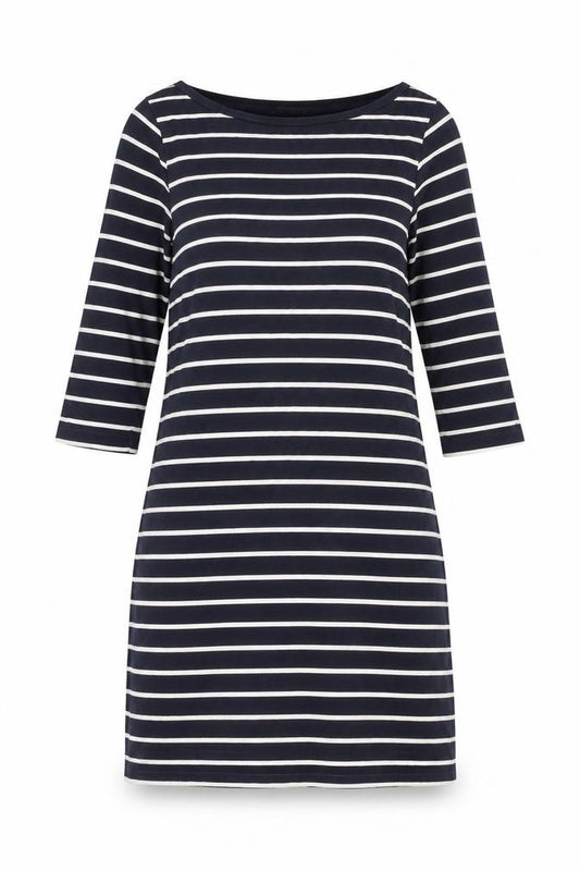 Front view of French Connection Women's Blue Striped Jersey Shift Dress, size 6