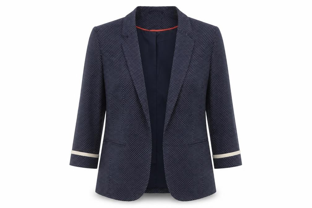 Front view of Wallis Women Navy Blue Polka Dot Blazer, size 12, Lined Tailored Jacket