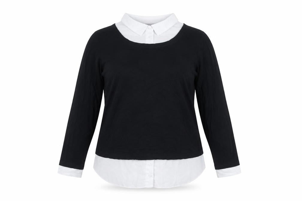 Front view of Evans women’s black white collared long sleeve jersey blouse, size UK 20