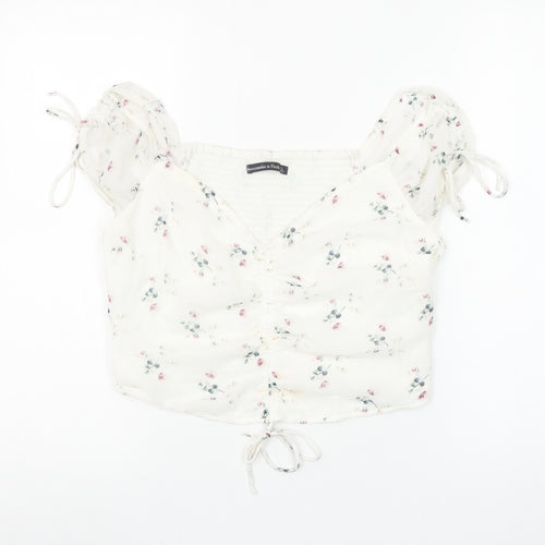 Abercrombie & Fitch Womens Ivory Floral Cropped Puff Sleeve Blouse L