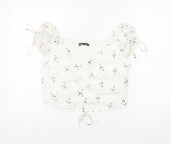 Abercrombie & Fitch Womens Ivory Floral Cropped Puff Sleeve Blouse L