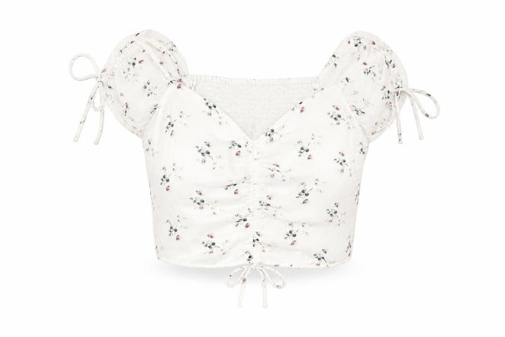 Abercrombie & Fitch Womens Ivory Floral Cropped Puff Sleeve Blouse L