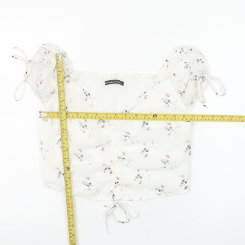 Abercrombie & Fitch Womens Ivory Floral Cropped Puff Sleeve Blouse L