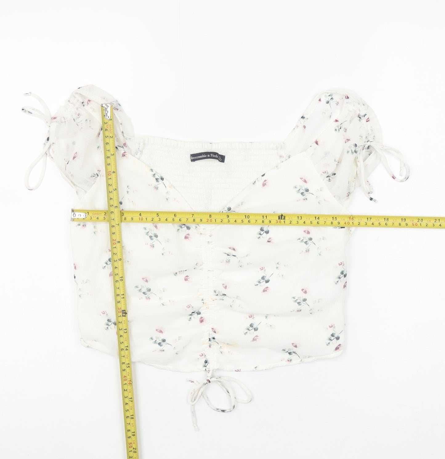 Abercrombie & Fitch Womens Ivory Floral Cropped Puff Sleeve Blouse L