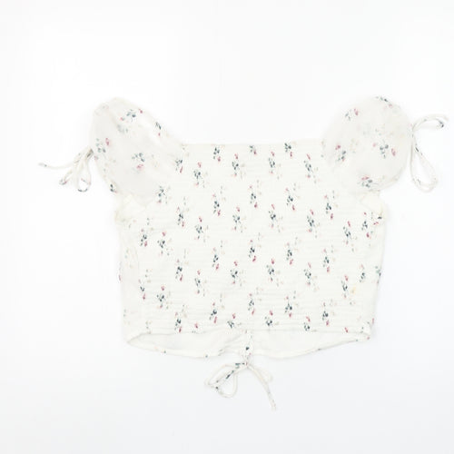 Abercrombie & Fitch Womens Ivory Floral Cropped Puff Sleeve Blouse L