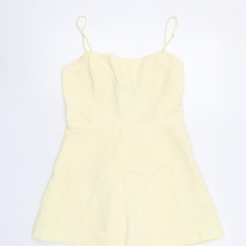 Zara Women Yellow Linen Blend Playsuit Size L Adjustable Straps Summer