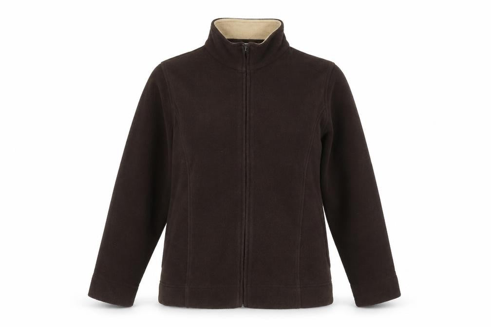 Front view of EWM women’s brown fleece full zip jacket, size M, 14-16