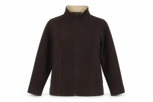 Front view of EWM women’s brown fleece full zip jacket, size M, 14-16