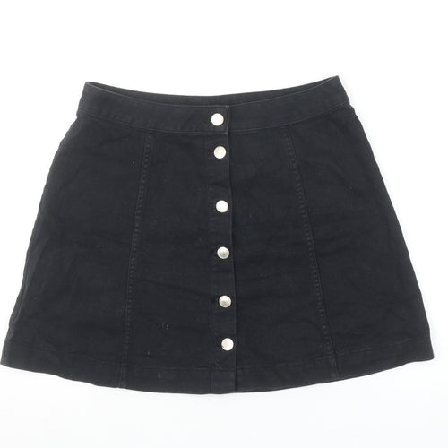 Women’s Black A-Line Denim Skirt Size 14 Button Front Cotton