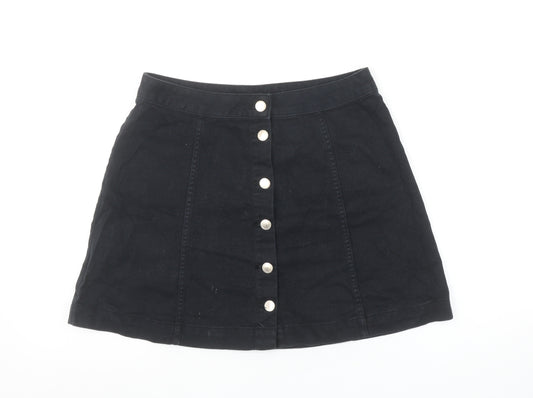 Women’s Black A-Line Denim Skirt Size 14 Button Front Cotton