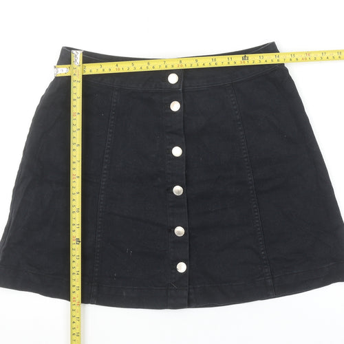Women’s Black A-Line Denim Skirt Size 14 Button Front Cotton