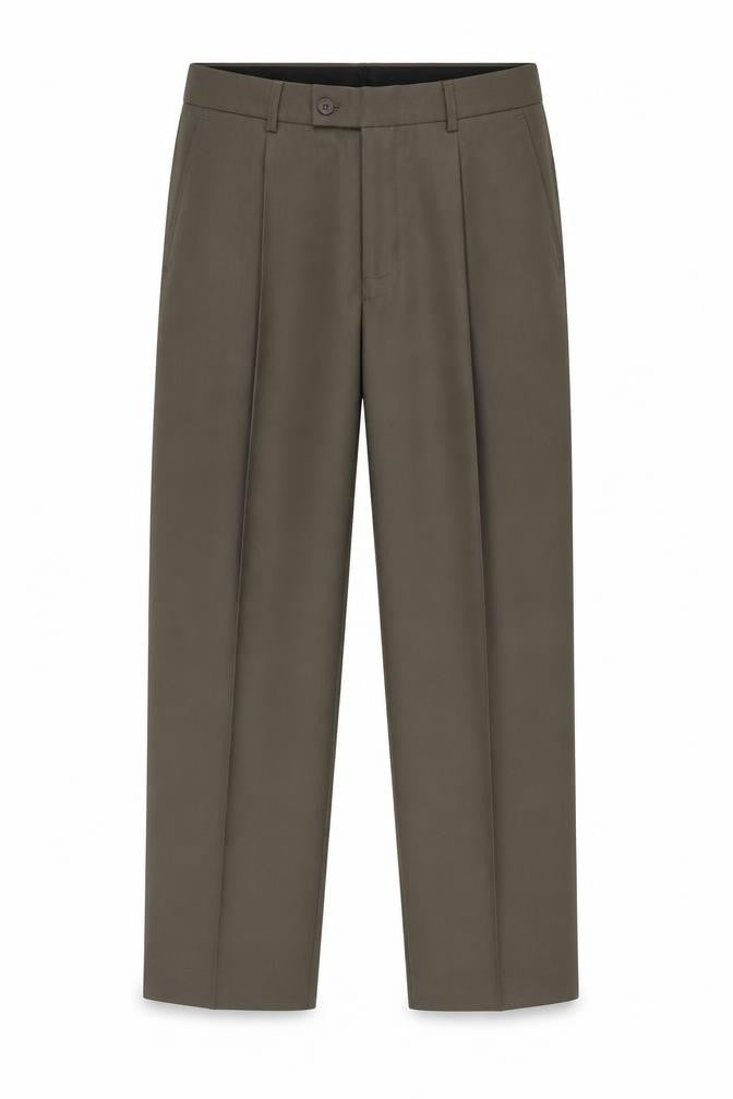 Front view of Debenhams Men's Brown Polyester Viscose Pleated Trousers, size 36, Short