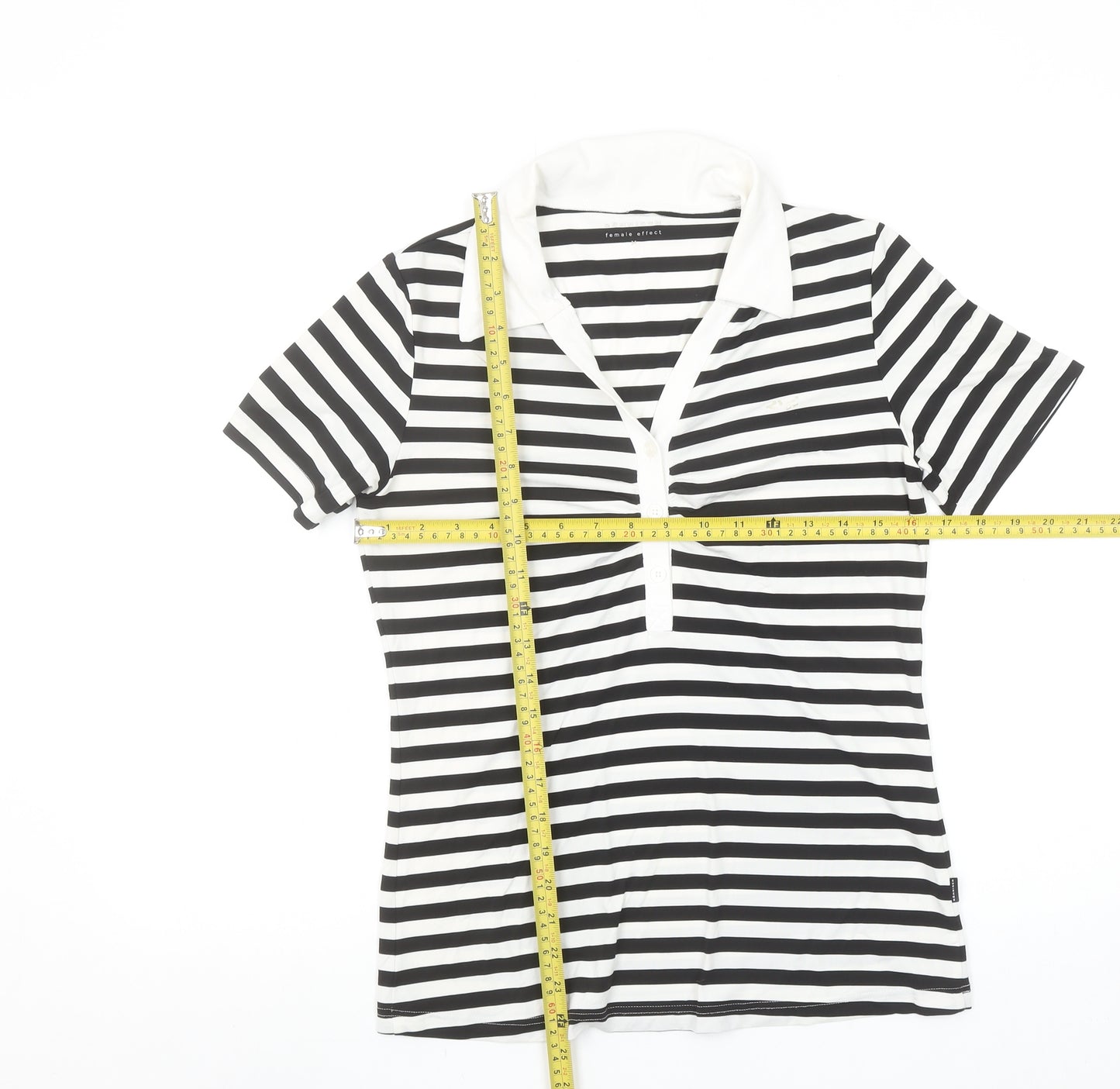 Röhnisch Women's Black White Striped Polo Top M Short Sleeve Collared