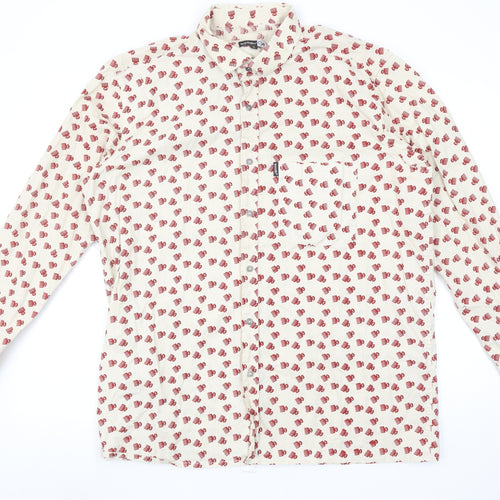 Woodin Men's Beige Red Patterned Button-Up Cotton Shirt XL