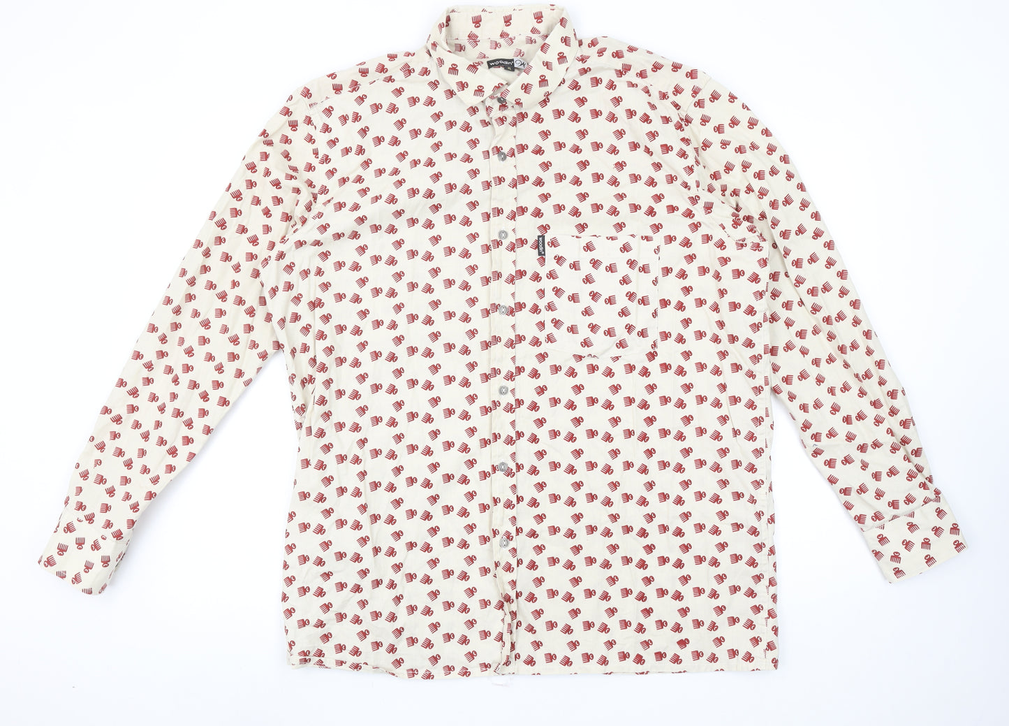 Woodin Men's Beige Red Patterned Button-Up Cotton Shirt XL
