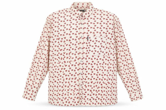 Front view of Woodin Men's Beige Red Patterned Button-Up Cotton Shirt XL