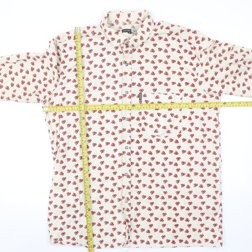 Woodin Men's Beige Red Patterned Button-Up Cotton Shirt XL