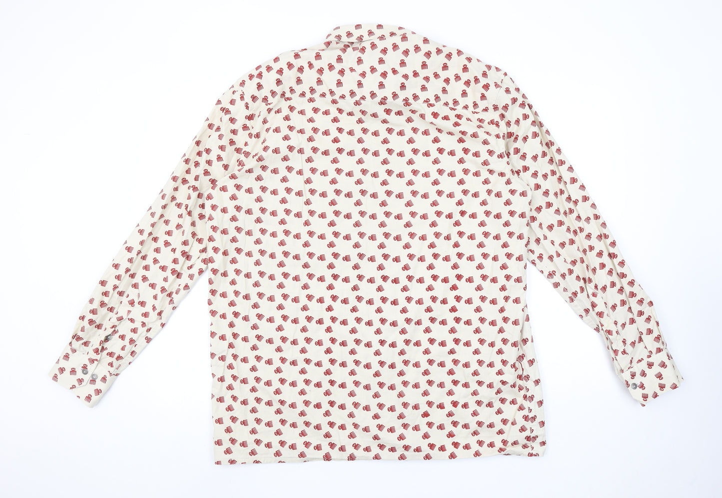 Woodin Men's Beige Red Patterned Button-Up Cotton Shirt XL