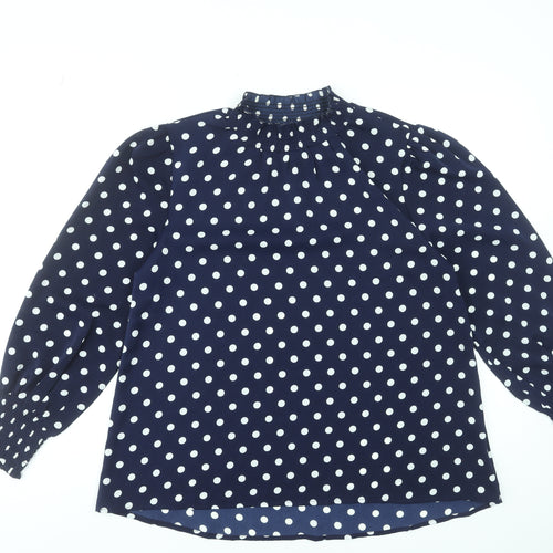 Rowen Avenue Women's Blue Polka Dot High Neck Long Sleeve Blouse Size M