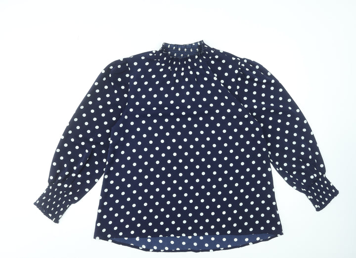 Rowen Avenue Women's Blue Polka Dot High Neck Long Sleeve Blouse Size M