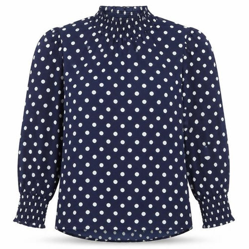 Rowen Avenue Women's Blue Polka Dot High Neck Long Sleeve Blouse Size M