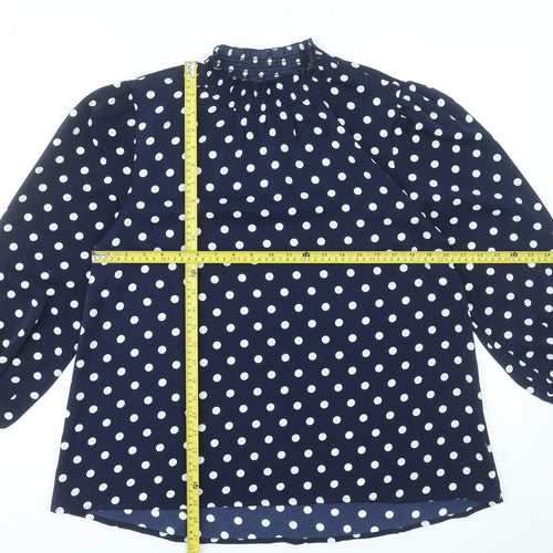 Rowen Avenue Women's Blue Polka Dot High Neck Long Sleeve Blouse Size M