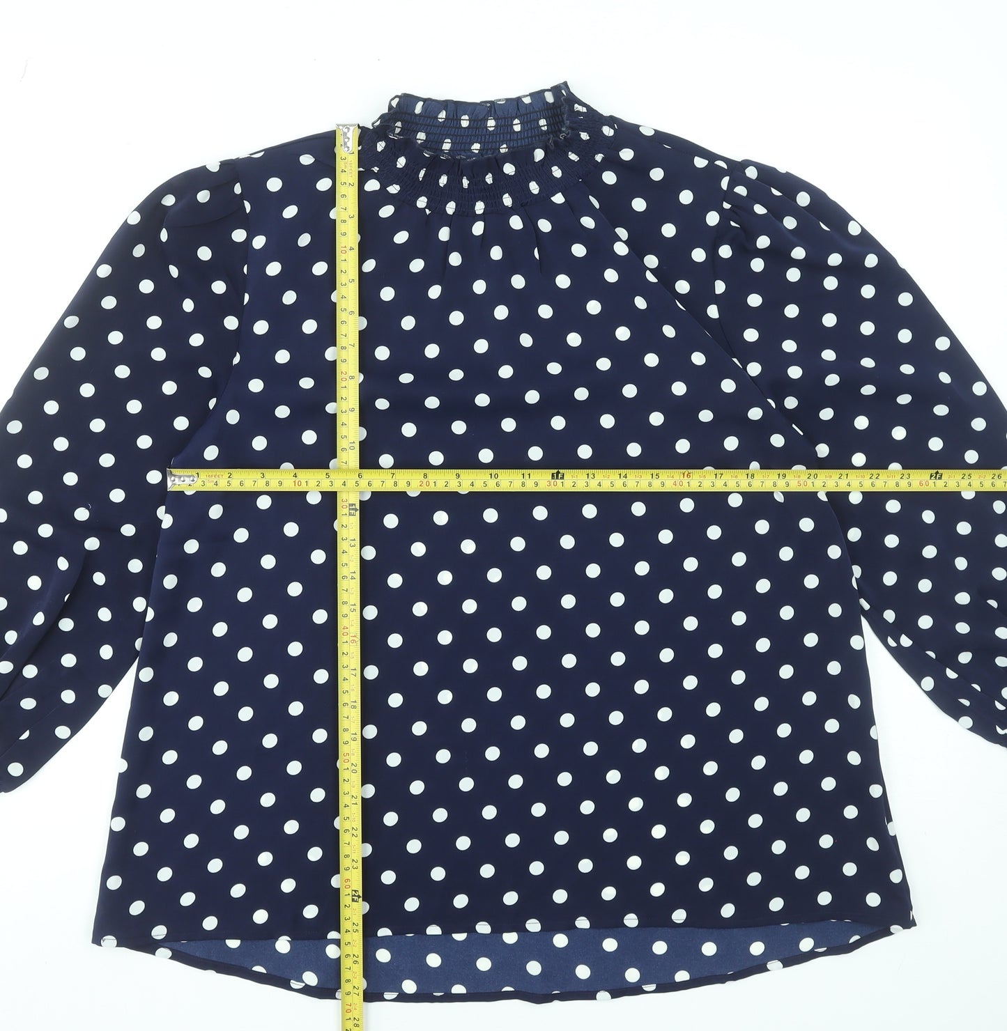Rowen Avenue Women's Blue Polka Dot High Neck Long Sleeve Blouse Size M