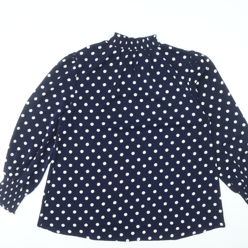 Rowen Avenue Women's Blue Polka Dot High Neck Long Sleeve Blouse Size M