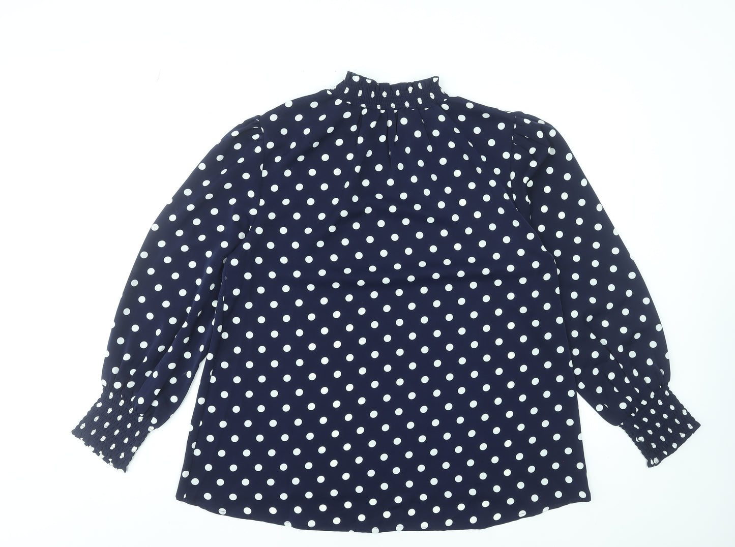 Rowen Avenue Women's Blue Polka Dot High Neck Long Sleeve Blouse Size M