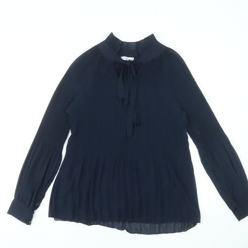 Modissima Women's Blue Pleated Bow Neck Long Sleeve Blouse Size S