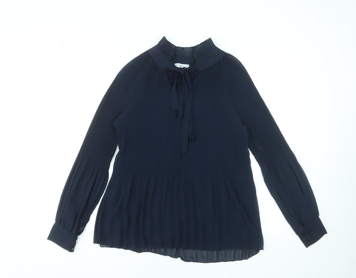 Modissima Women's Blue Pleated Bow Neck Long Sleeve Blouse Size S
