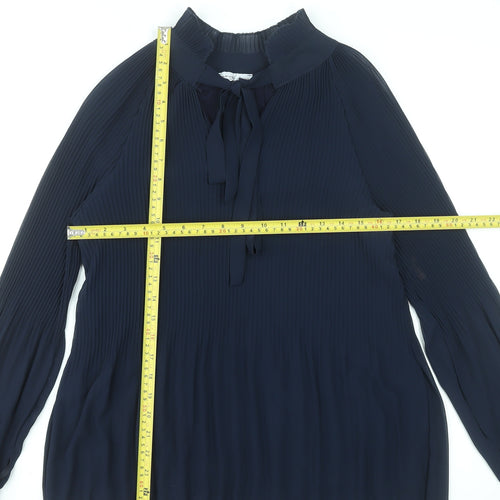 Modissima Women's Blue Pleated Bow Neck Long Sleeve Blouse Size S