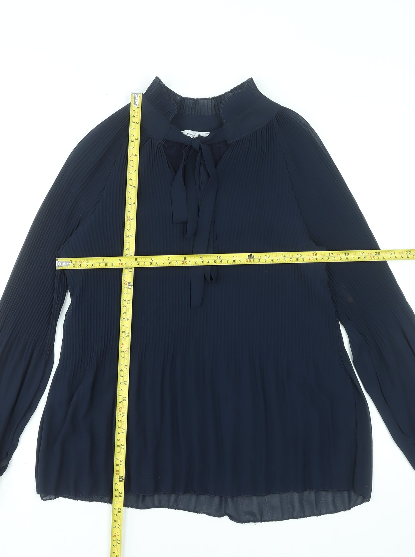Modissima Women's Blue Pleated Bow Neck Long Sleeve Blouse Size S