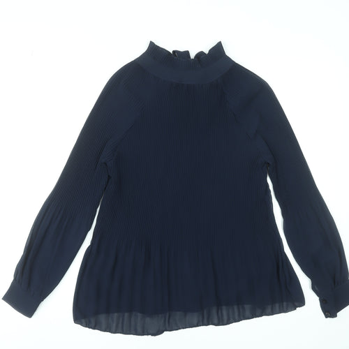 Modissima Women's Blue Pleated Bow Neck Long Sleeve Blouse Size S