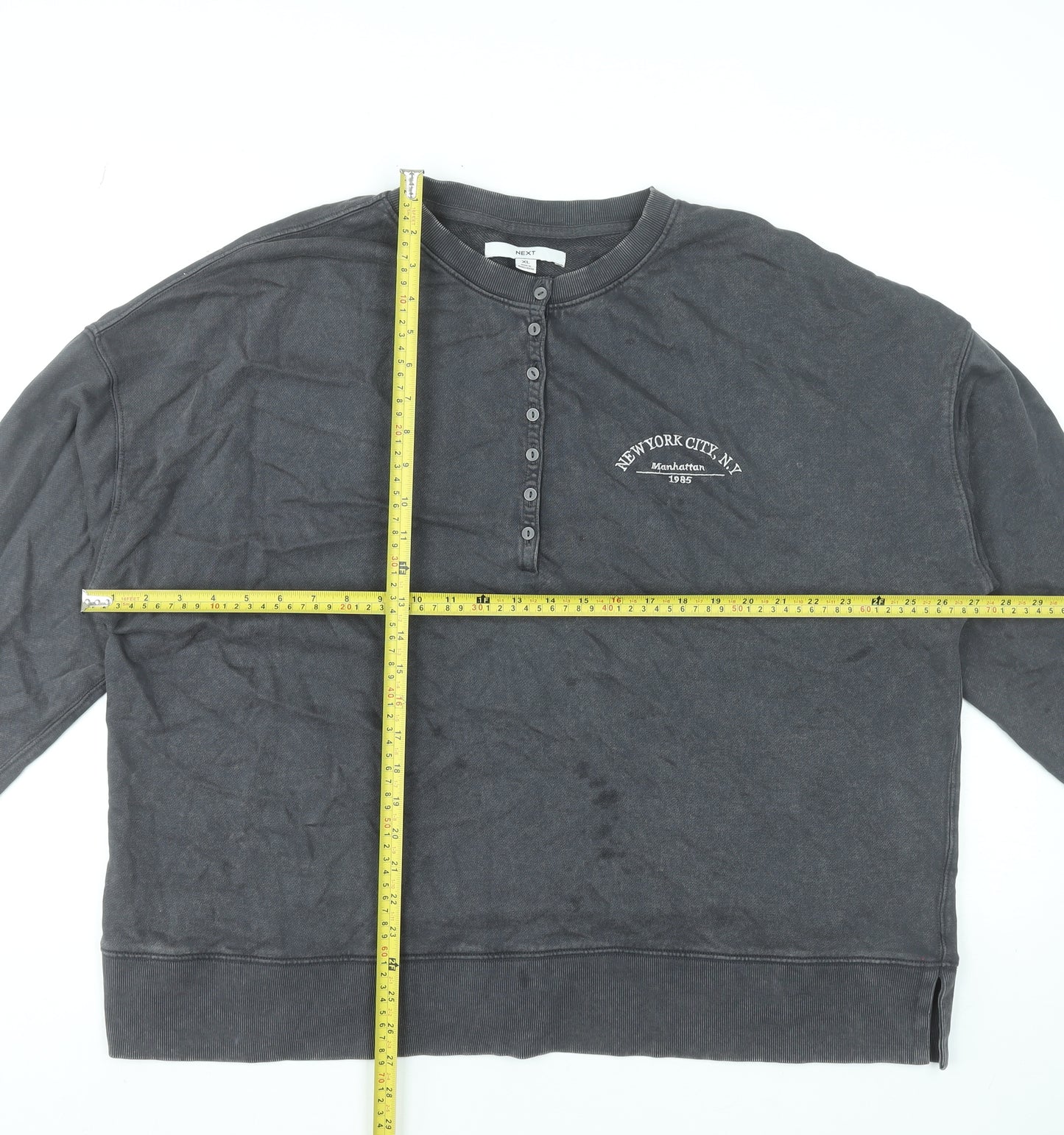Next Men’s Grey Henley Sweatshirt XL Cotton Button Logo Top