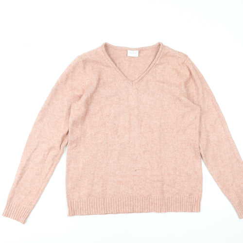 Vila Women's Pink V-Neck Long Sleeve Pullover Jumper Size L