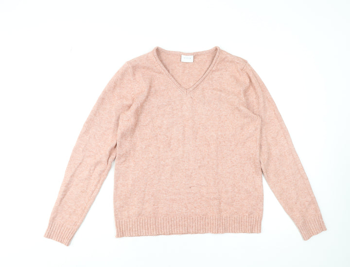 Vila Women's Pink V-Neck Long Sleeve Pullover Jumper Size L