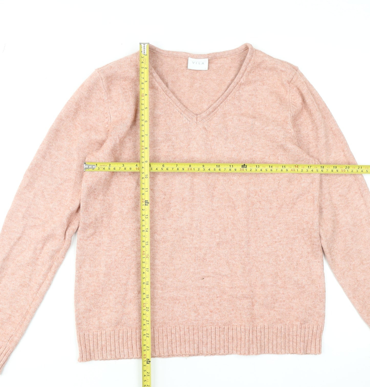 Vila Women's Pink V-Neck Long Sleeve Pullover Jumper Size L