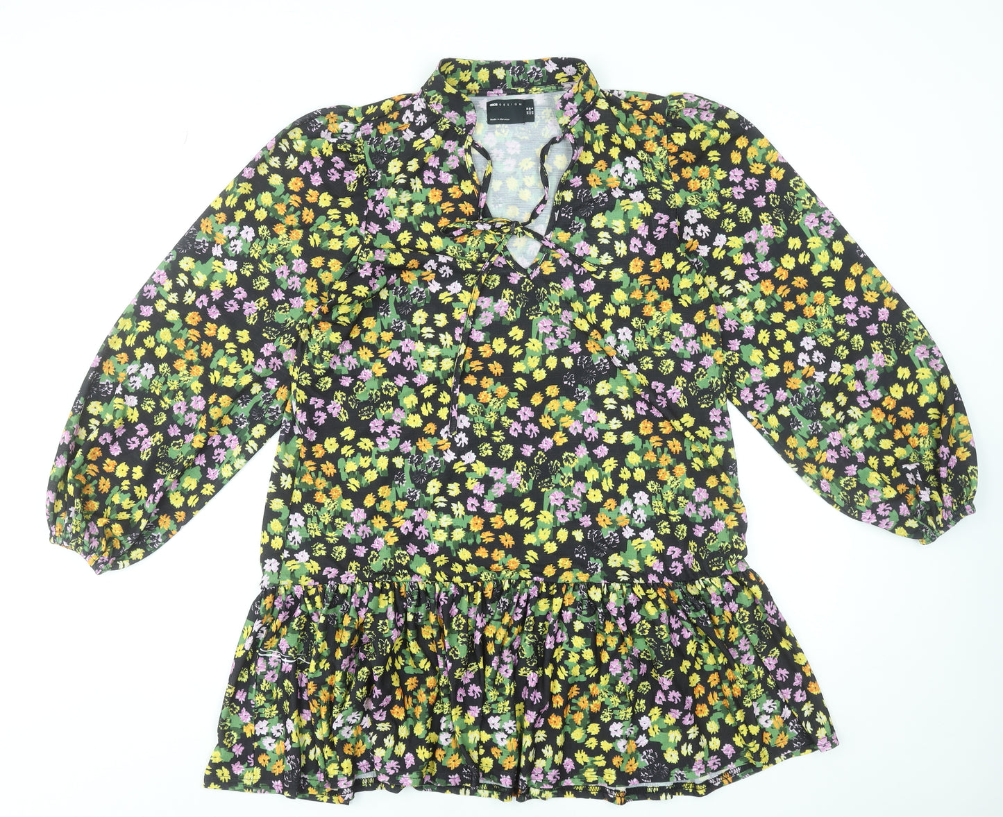 ASOS Design Women's Black Floral Long Sleeve Mini Dress UK 10