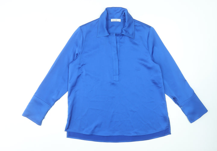 Gallery Womens Blue Long Sleeve Collared Satin Blouse UK 12