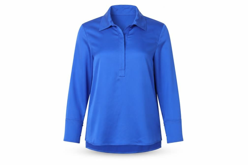 Front view of Gallery women’s blue long sleeve collared satin blouse uk 12