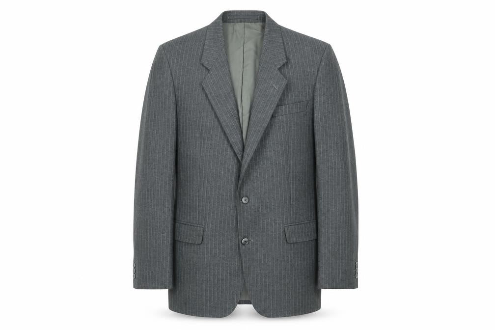 Front view of The Label Men's Grey Wool Pinstripe Blazer Jacket 42R Classic Fit