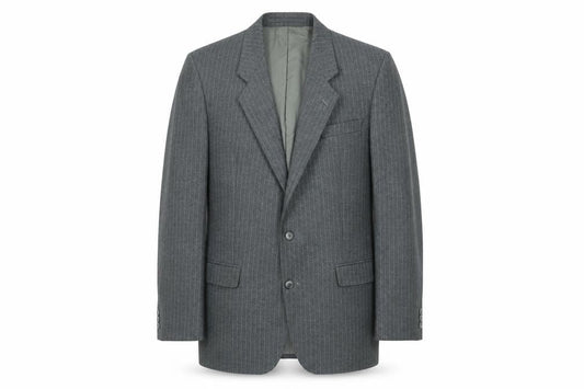 Front view of The Label Men's Grey Wool Pinstripe Blazer Jacket 42R Classic Fit