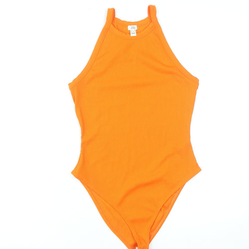 River Island Women's Orange Ribbed Bodysuit Size 12 High Neck