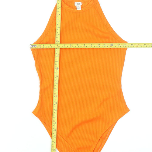 River Island Women's Orange Ribbed Bodysuit Size 12 High Neck