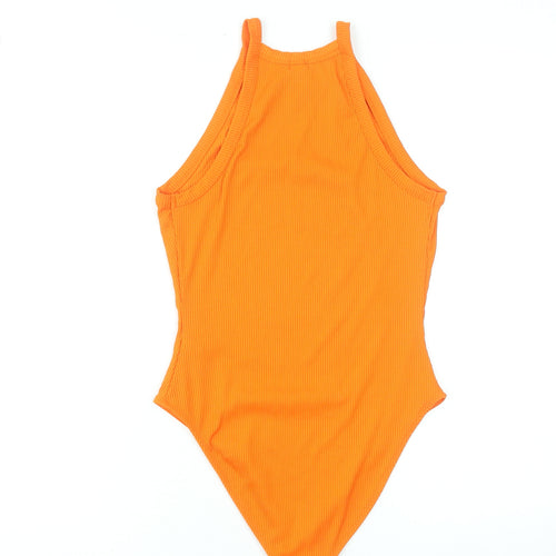 River Island Women's Orange Ribbed Bodysuit Size 12 High Neck