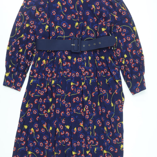 Savida Women Blue Floral Belted A-Line Dress Size 18