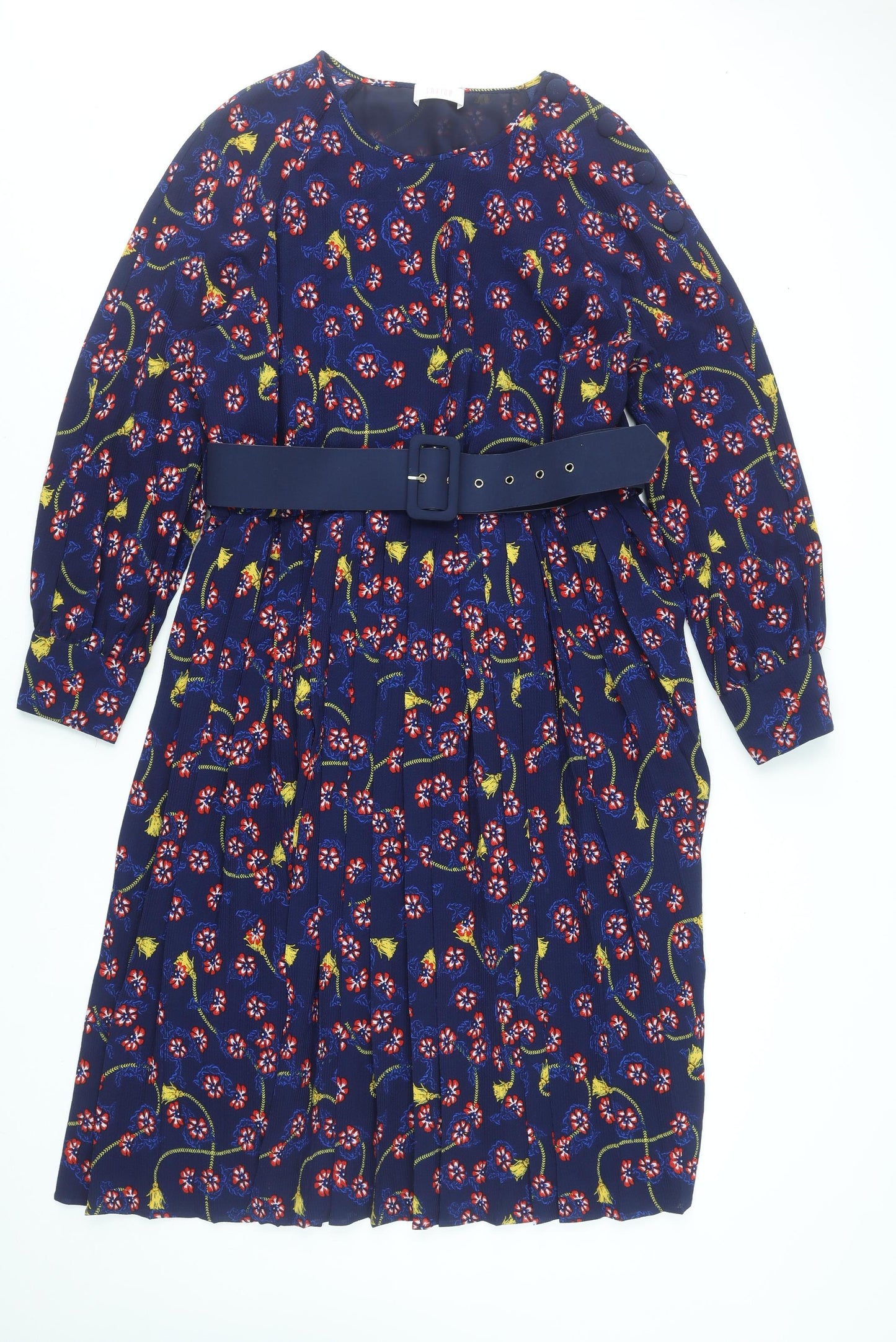 Savida Women Blue Floral Belted A-Line Dress Size 18